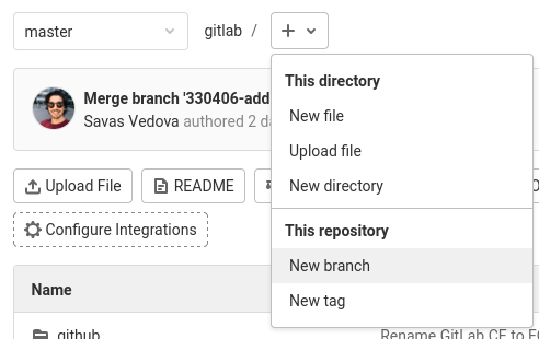 New branch dropdown list